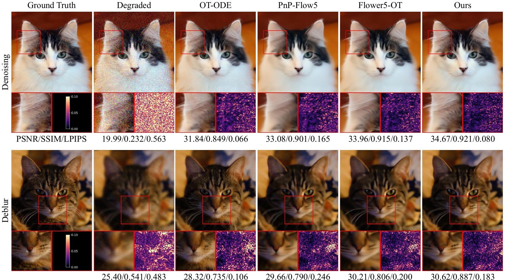 AFHQ-Cat reconstructions for denoising and deblurring